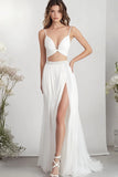 White Two Piece Chiffon A Line Long Engagement Dress with Slit