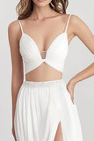 White Two Piece Chiffon A Line Long Engagement Dress with Slit