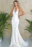 White Halter Mermaid Satin Long Engagement Dress