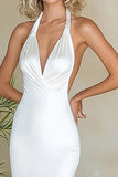 White Halter Mermaid Satin Long Engagement Dress