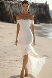 White Satin Off the Shoulder High-Low Engagement Dress with Lace