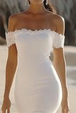 White Satin Off the Shoulder High-Low Engagement Dress with Lace