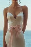 White Satin Spaghetti Straps Bow Long Formal Dress with Slit