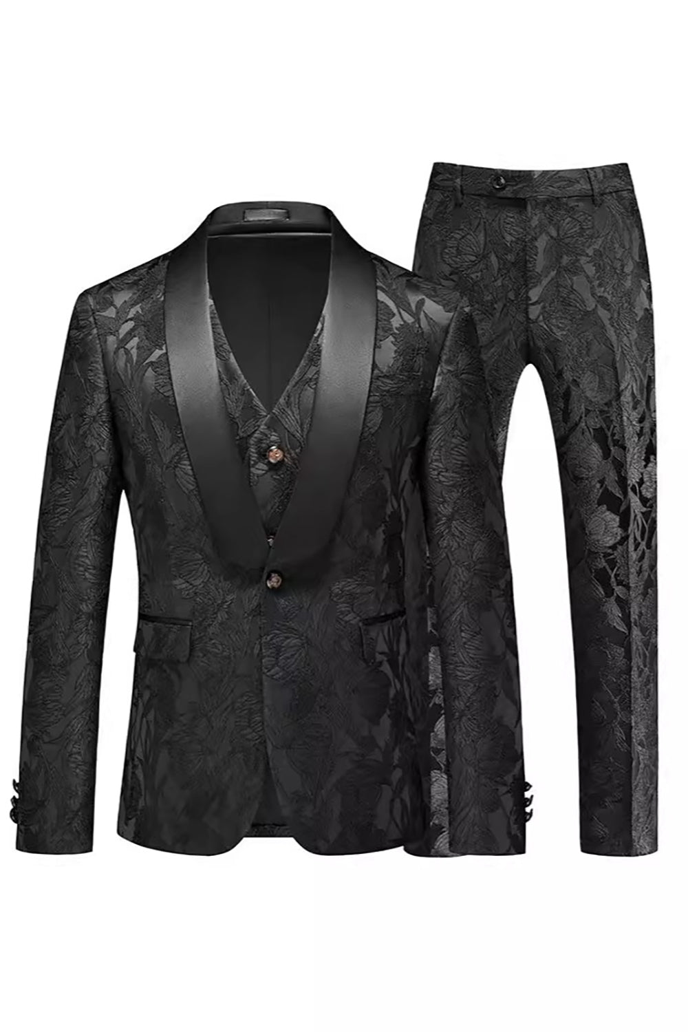 Jacquard Black Shawl 3 Pieces Lapel Men's Suits