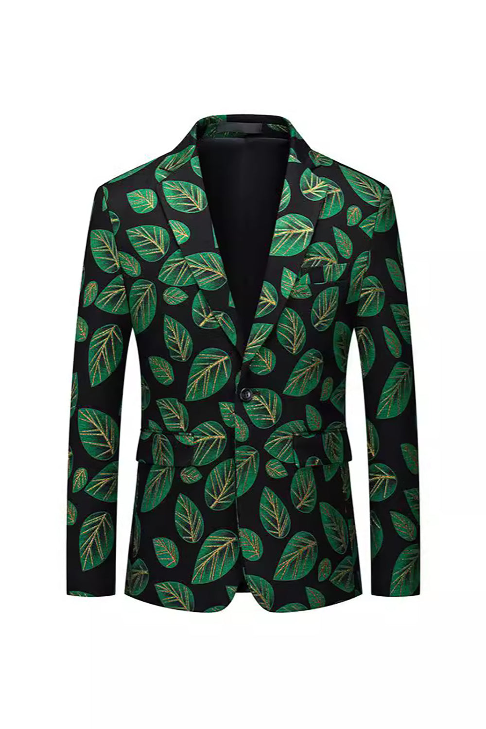 Dark Green Printed Leaf Notched Lapel Men's Blazer