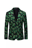 Dark Green Printed Leaf Notched Lapel Men's Blazer