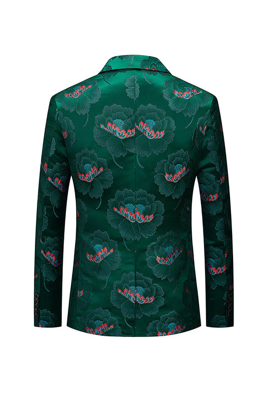 Floral Dark Green Lapel One Button Notched Men's Blazer