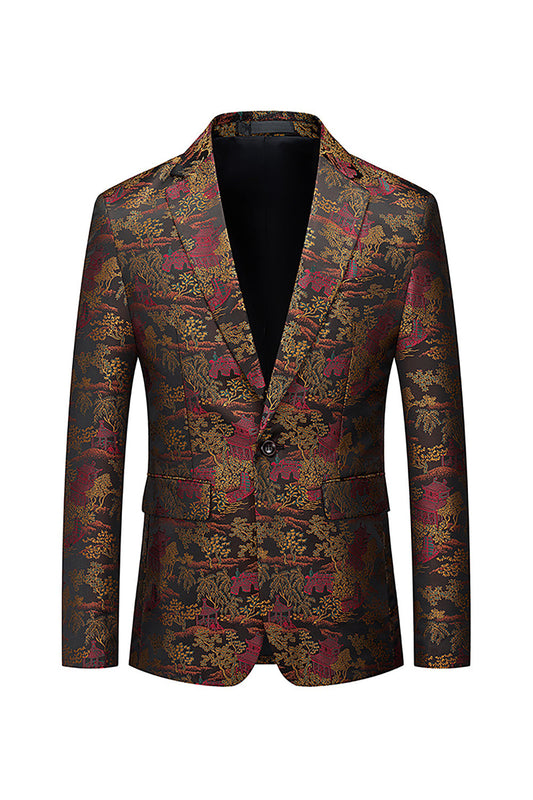 Brown Notched Fitted Floral Lapel Men's Blazer