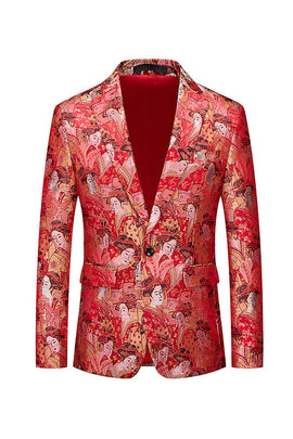 Red Floral Fitted Notched One Button Lapel Men's Blazer