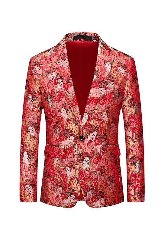 Red Floral Fitted Notched One Button Lapel Men's Blazer