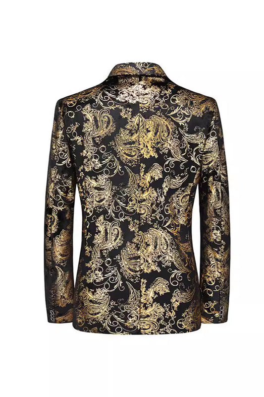 Black Golden Single Lapel Breasted Notched Printed Men's Prom Blazer