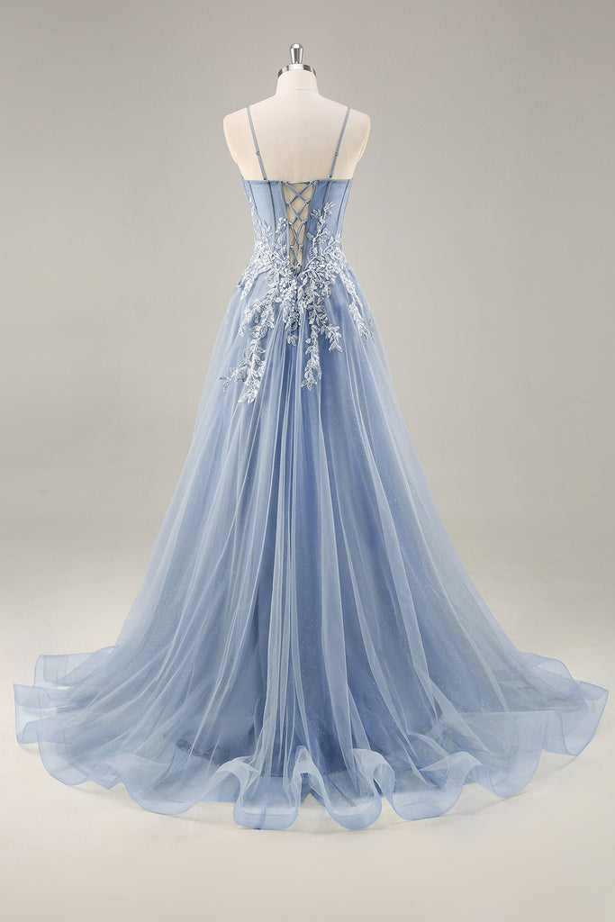 Dusty Blue Sexy Casual Lace Top Slit Two Piece Boho Prom Dress main image 1