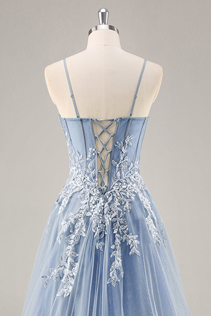 Dusty Blue Sexy Casual Lace Top Slit Two Piece Boho Prom Dress