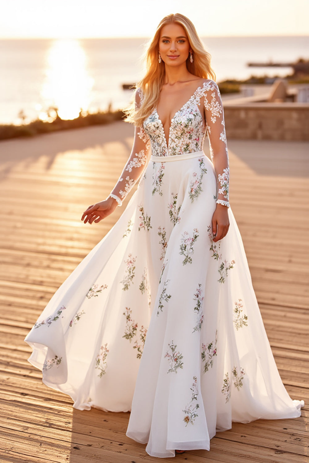White Tulle A Line V-Neck Long Sleeves Wedding Dress