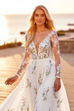 White Tulle A Line V-Neck Long Sleeves Wedding Dress