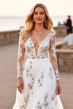 White Tulle A Line V-Neck Long Sleeves Wedding Dress