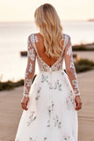 White Tulle A Line V-Neck Long Sleeves Wedding Dress
