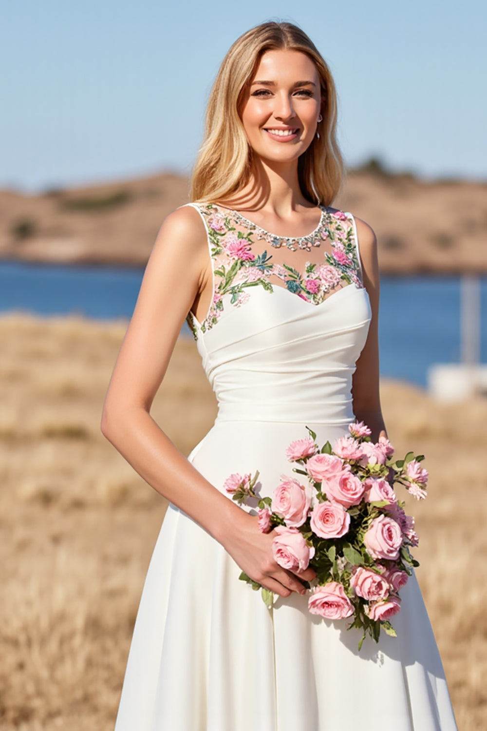 White Satin A Line Boho Sweep Train Wedding Dress with Flowers