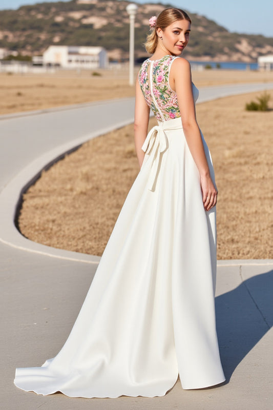White Satin A Line Boho Sweep Train Wedding Dress with Flowers