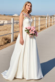 White Satin A Line Boho Sweep Train Wedding Dress with Flowers