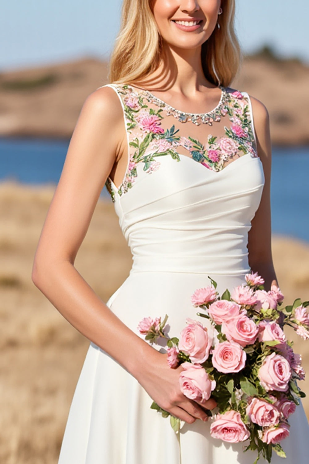 White Satin A Line Boho Sweep Train Wedding Dress with Flowers