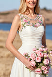 White Satin A Line Boho Sweep Train Wedding Dress with Flowers