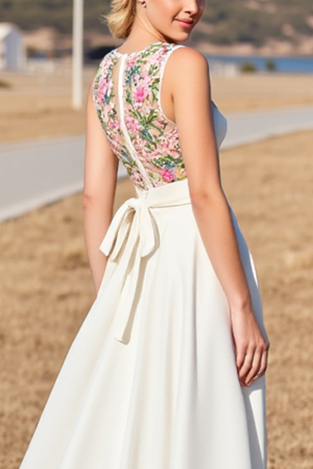 White Satin A Line Boho Sweep Train Wedding Dress with Flowers