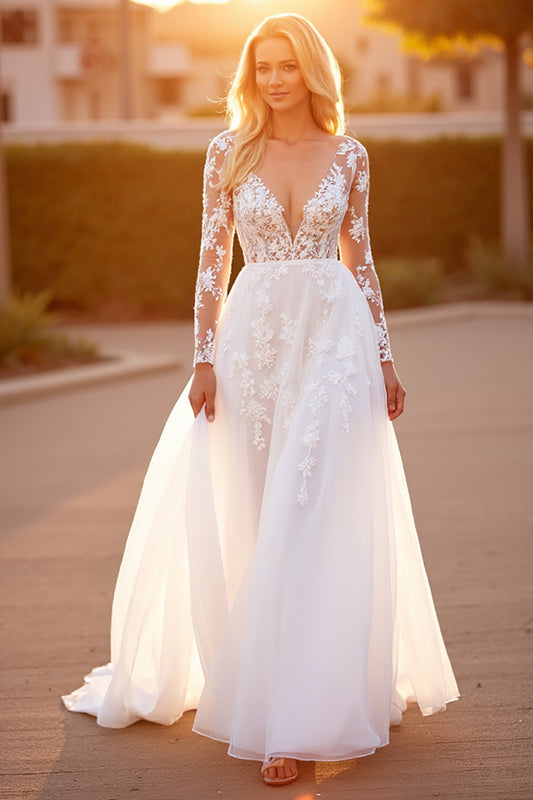 White Tulle A Line Long Sleeves Sweep Train Wedding Dress with Appliques