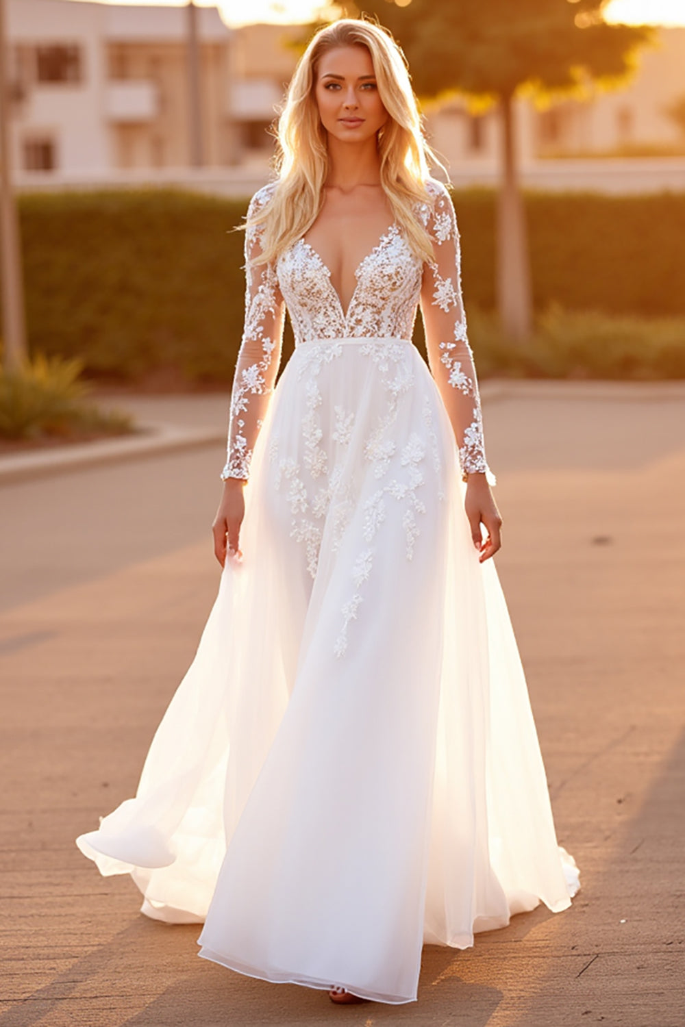 White Tulle A Line Long Sleeves Sweep Train Wedding Dress with Appliques
