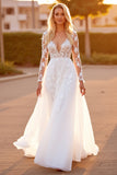 White Tulle A Line Long Sleeves Sweep Train Wedding Dress with Appliques