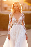 White Tulle A Line Long Sleeves Sweep Train Wedding Dress with Appliques