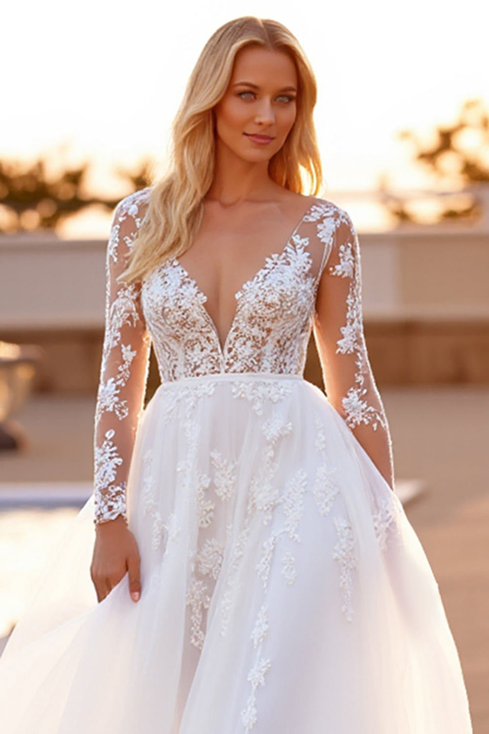 White Tulle A Line Long Sleeves Sweep Train Wedding Dress with Appliques