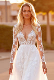 White Tulle A Line Long Sleeves Sweep Train Wedding Dress with Appliques