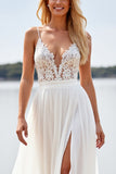 White Chiffon A Line Deep V-Neck Boho Sweep Train Wedding Dress with Lace