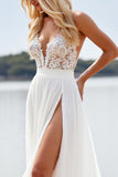 White Chiffon A Line Deep V-Neck Boho Sweep Train Wedding Dress with Lace