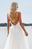 White Chiffon A Line Deep V-Neck Boho Sweep Train Wedding Dress with Lace