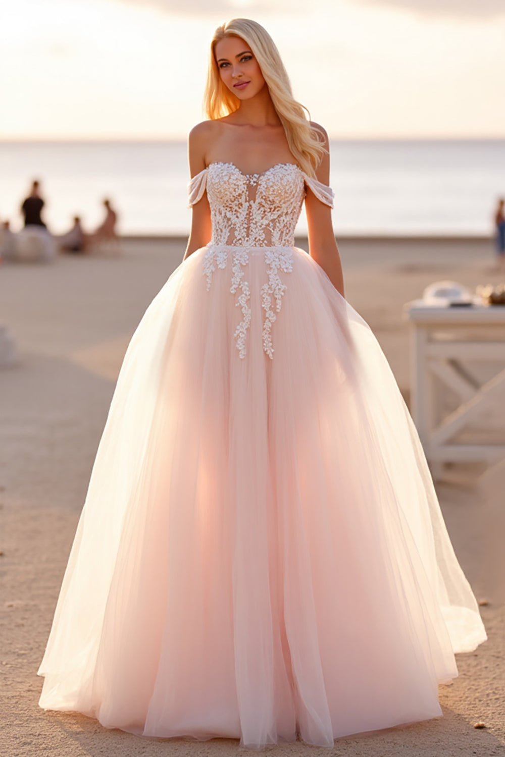 Blush Tulle Off the Shoulder Ball Gown Wedding Dress with Appliques