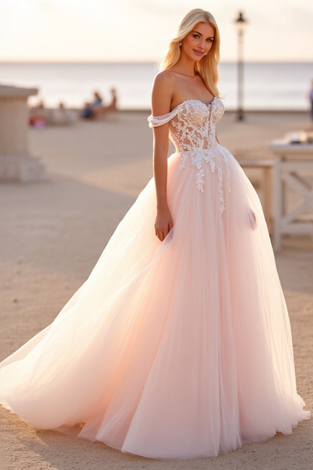 Blush Tulle Off the Shoulder Ball Gown Wedding Dress with Appliques