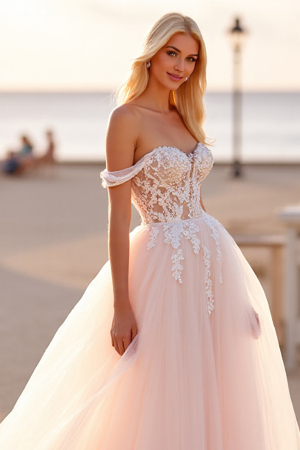 Blush Tulle Off the Shoulder Ball Gown Wedding Dress with Appliques