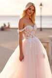 Blush Tulle Off the Shoulder Ball Gown Wedding Dress with Appliques