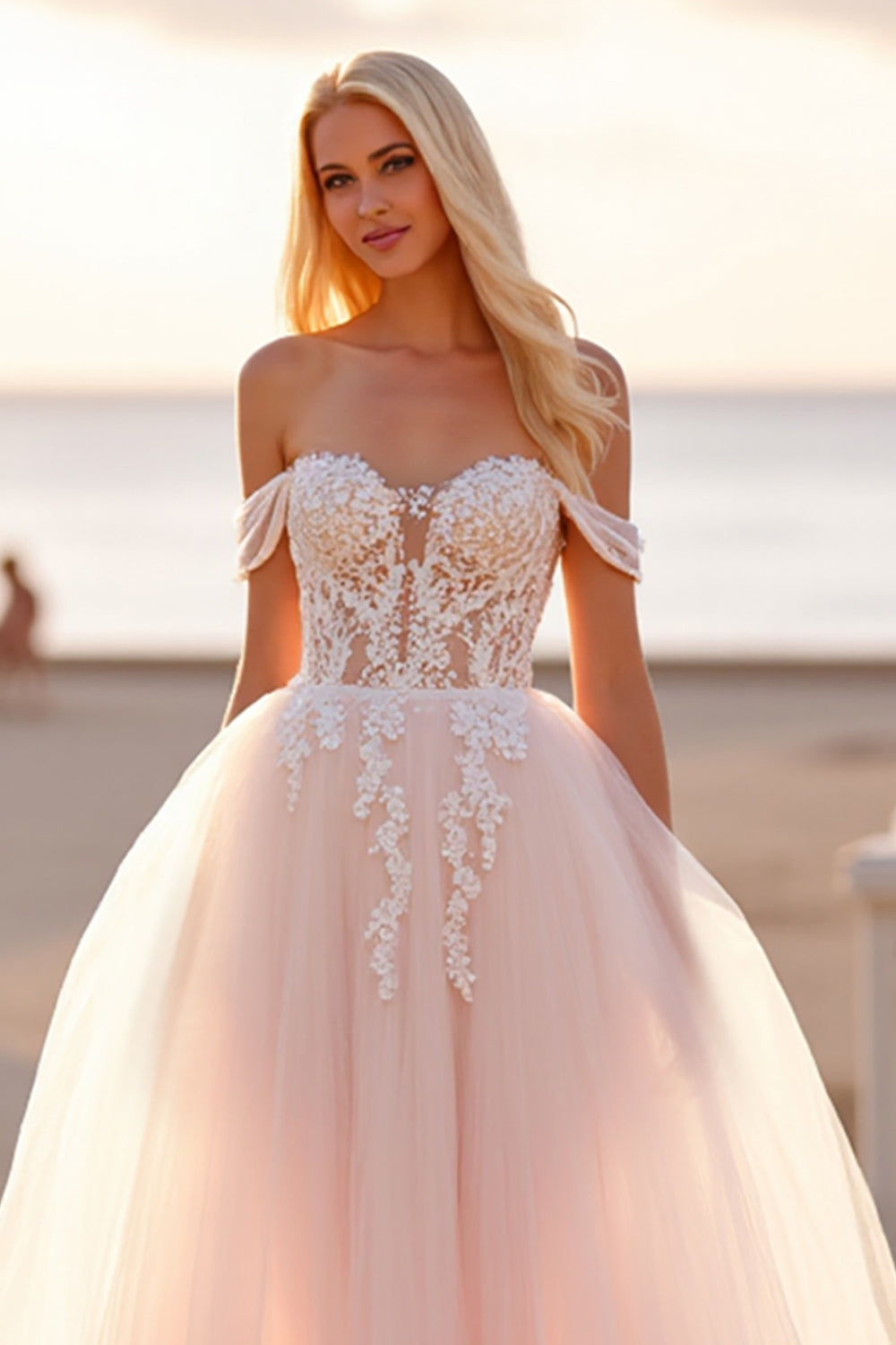 Blush Tulle Off the Shoulder Ball Gown Wedding Dress with Appliques