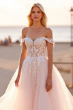 Blush Tulle Off the Shoulder Ball Gown Wedding Dress with Appliques