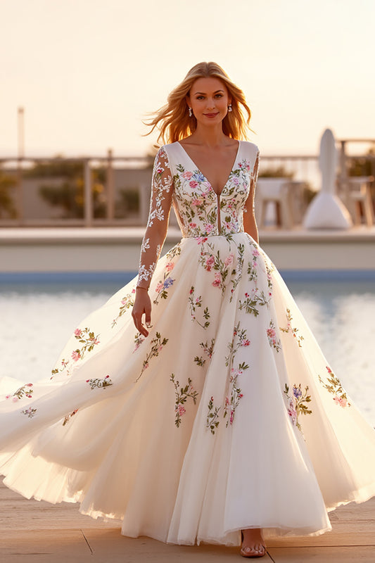 White Tulle Long Sleeves Floral Ball Gown Wedding Dress