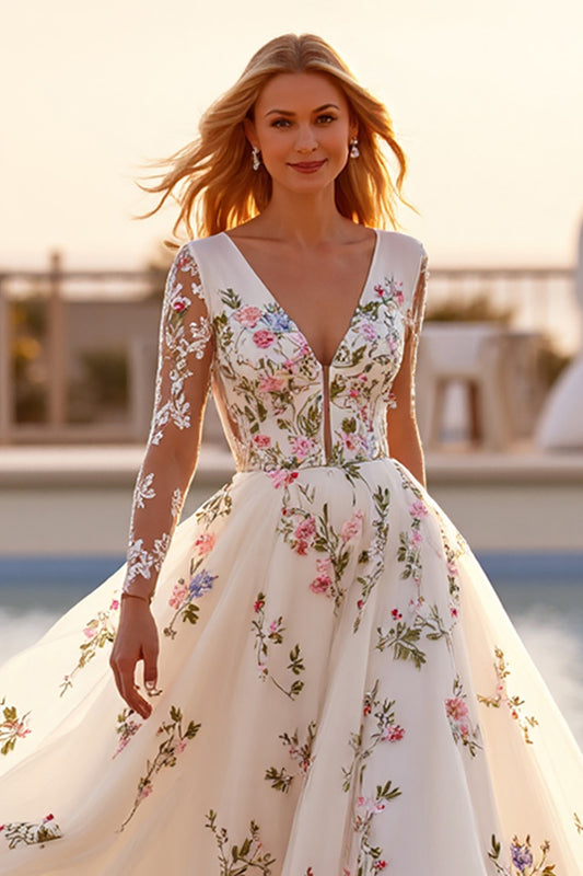 White Tulle Long Sleeves Floral Ball Gown Wedding Dress