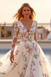 White Tulle Long Sleeves Floral Ball Gown Wedding Dress