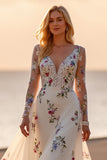 White Long Sleeves Deep V-Neck Floral Wedding Dress