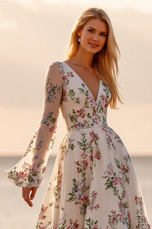 White Long Sleeves V-Neck Floral Ankle Length Wedding Dress