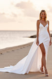 White Sheath Boho Sweep Train Wedding Dress with Slit