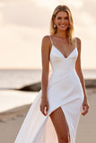 White Sheath Boho Sweep Train Wedding Dress with Slit