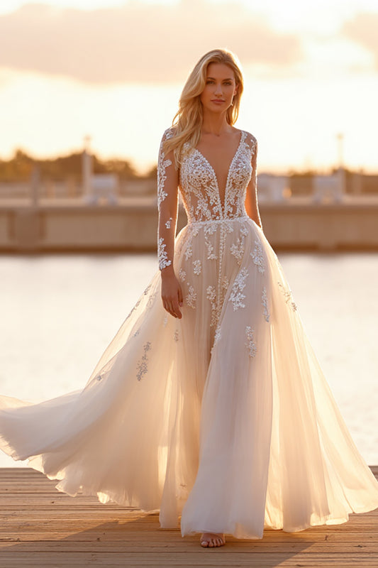 White Tulle Deep V-Neck Long Sleeves Wedding Dress with Appliques